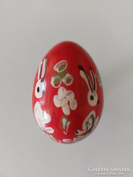 Old painted red egg white bunny floral retro Easter wooden egg