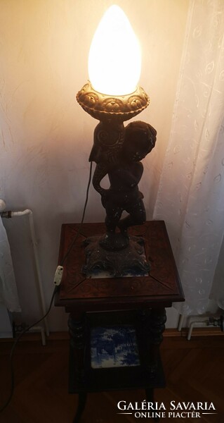 Antique huge lamp with polished glass, figurative putto statue made of metal, fish ornament, heavy 9kg.
