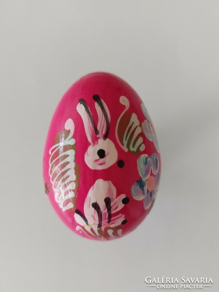 Régi festett tojás pink nyuszis virágos retro húsvéti fatojás