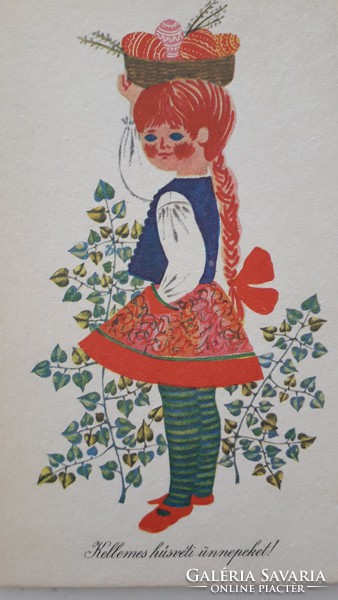 Retro húsvéti képeslap régi levelezőlap népviseletes kislány