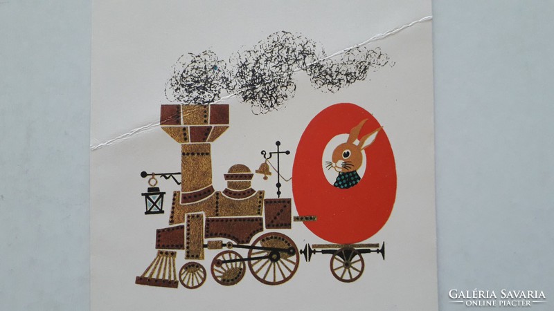 Retro húsvéti képeslap levelezőlap vonatos nyuszi