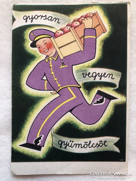 Antik, régi grafikus képeslap - " Gyorsan vegyen gyümölcsöt "  - Postatiszta                     -5.