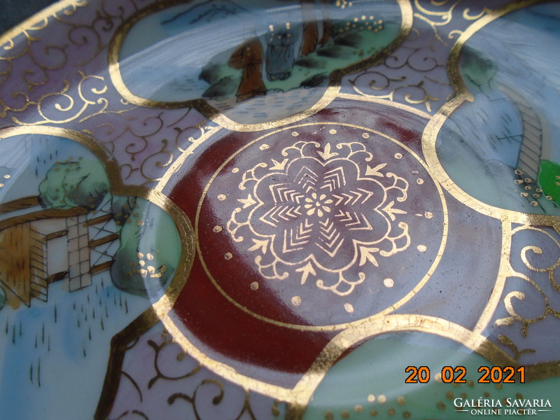 A SHIMAZU shogun klán jelzésével,Kutani kézzel festett 4 élet és táj képpel aranybrokat tányér
