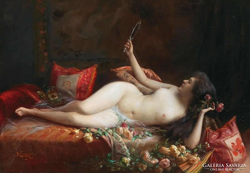 Enjolras - Hölgy tükörrel és rózsákkal a kanapén - reprint