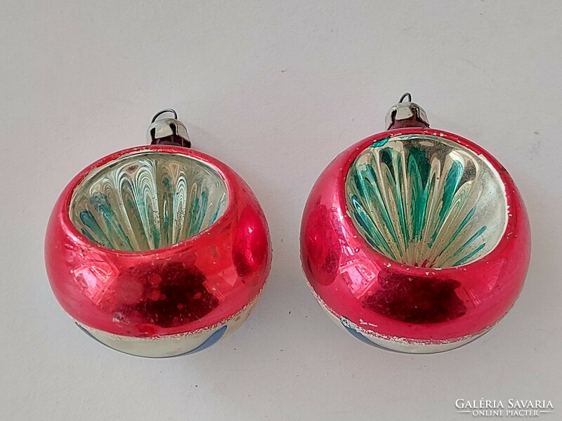 Old glass Christmas tree ornament indented striped sphere glass ornament 2 pcs