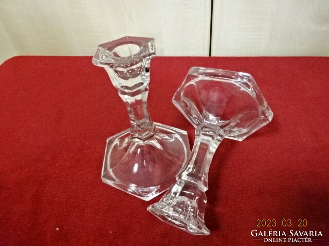 Glass single-branch candle holder, hexagonal base, two pieces. Jokai.