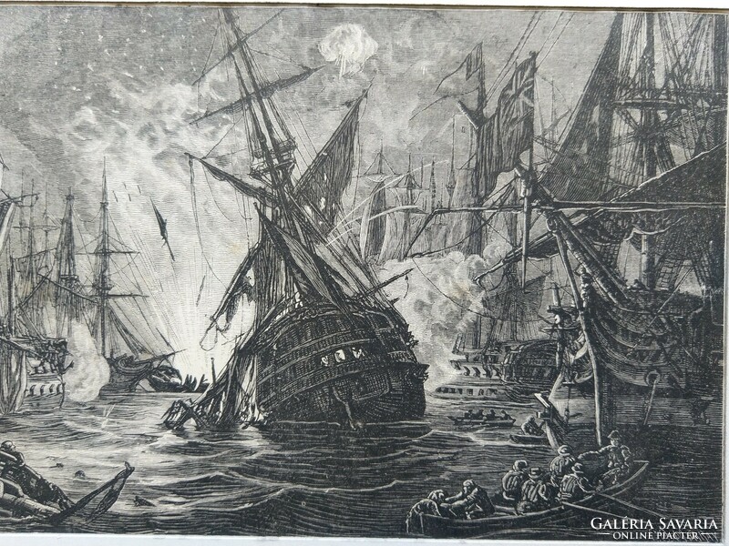 Sea battle. Original woodcut ca. 1870