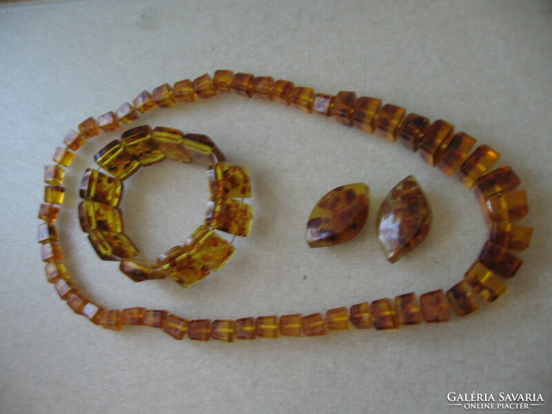 Retro amber pearl necklace, bracelet, 2 pins