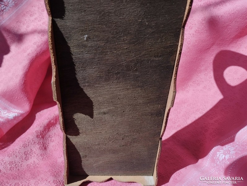 Antik bőr díszítésű fa tálca, pohártartó