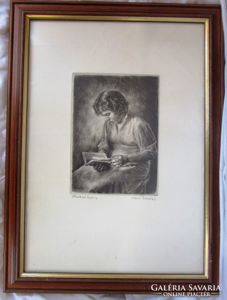 Kiss Teresa etching reading girl, marked on the plinth as well. 20 X 14, 47 x 36 cm.