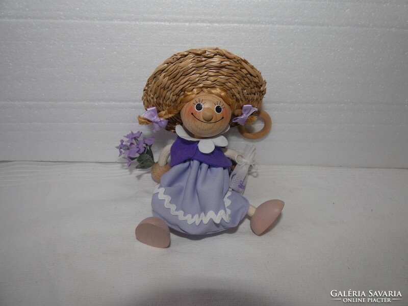 Wooden doll - lavender straw hat girl 15cm - with spring hanger