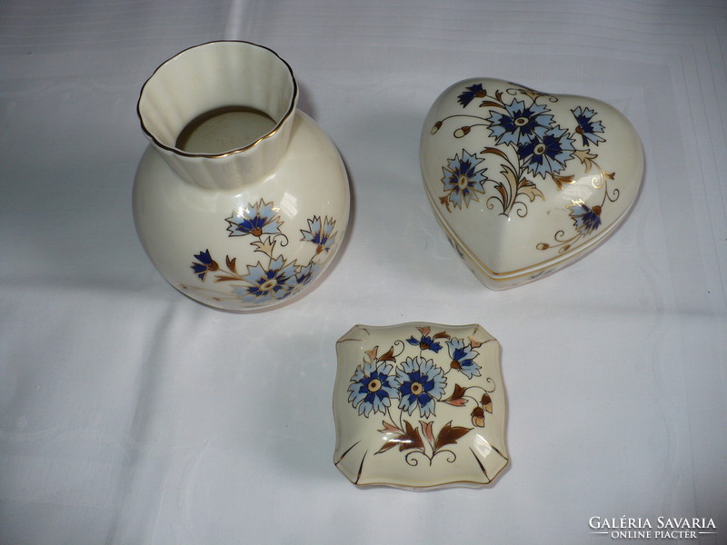 Zsolnay cornflower patterned bonbonnier and vase, set of 3