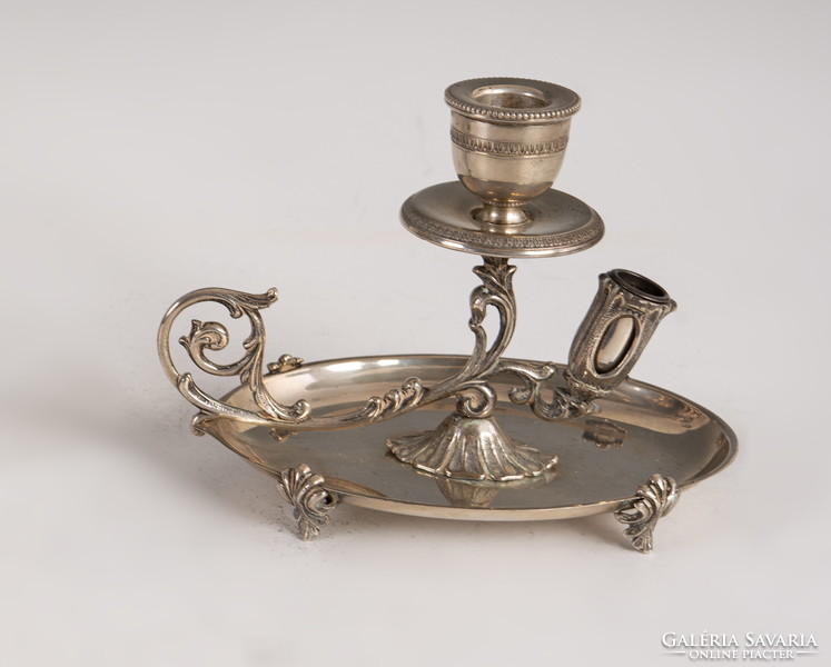 Silver hand candle holder with match holder