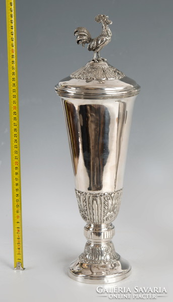 Silver lidded cup with a figure of a rooster on top