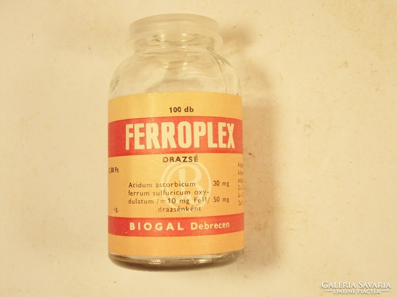 Old retro ferroplex dragee glass bottle biogal pharmaceutical factory in Debrecen - 1980s