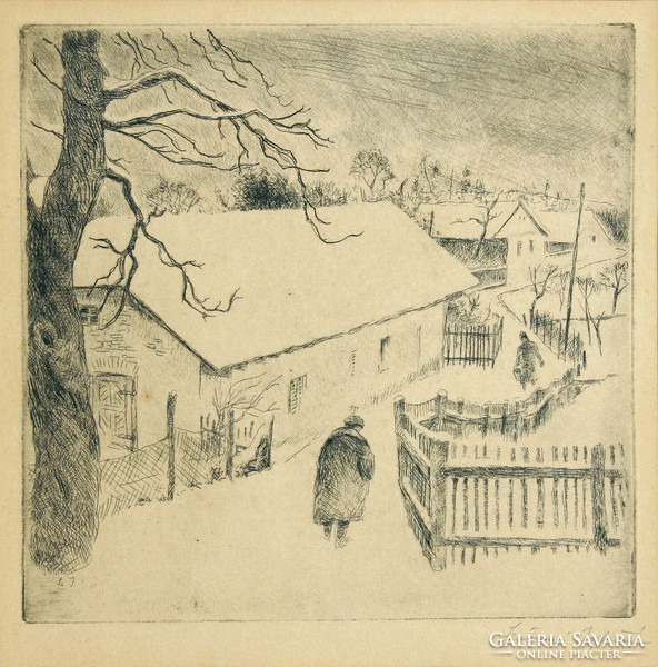 István Szőnyi (1894-1960) - snowy street 38x38cm etching