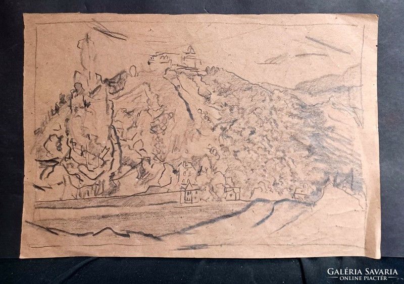 Still life - ink drawing, landscape on the back (34x24 cm)