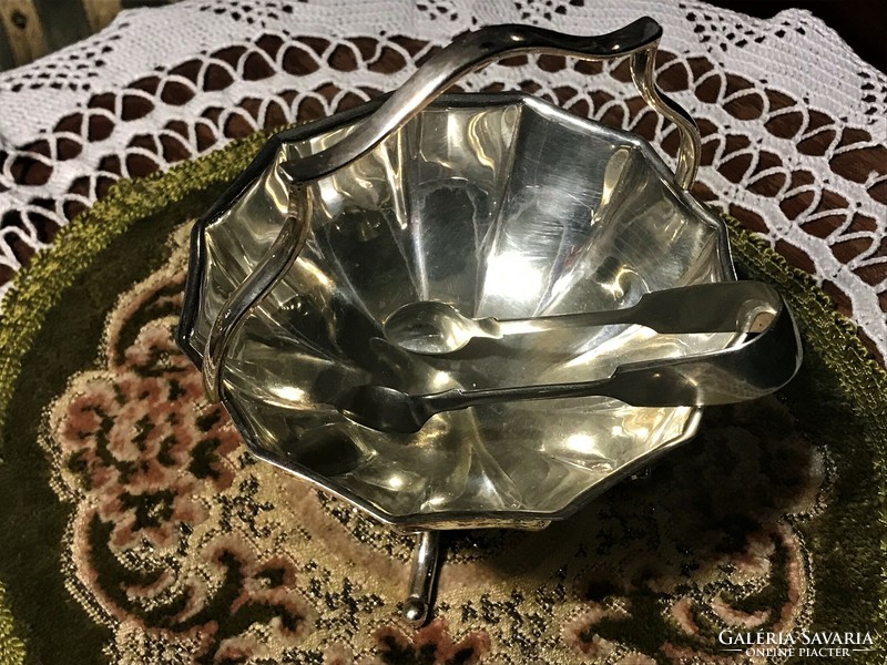 Antique, marked, silver-plated, special sugar offering, sugar cube serving, marked with antique sugar tongs