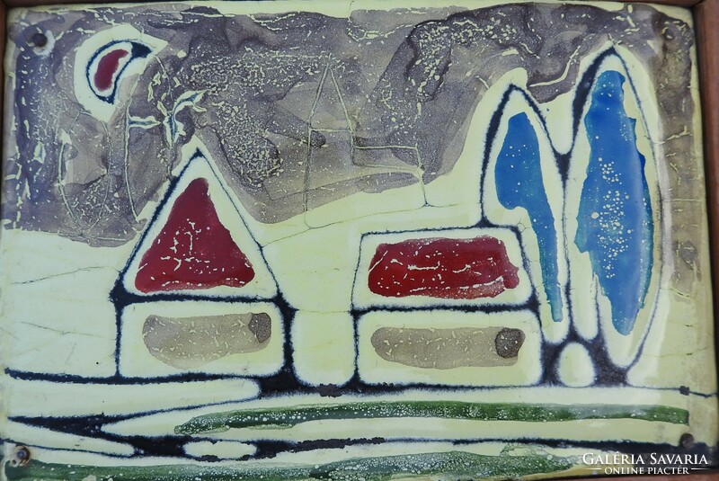 Fire enamel picture - landscape with houses