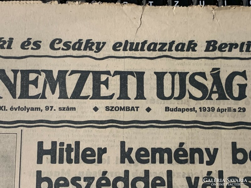 "Hitler kemény békebeszéddel válszolt Roosveltnek" 1939