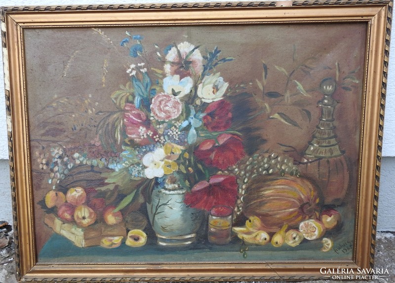 Table and floral still life - marked still life - oil / canvas