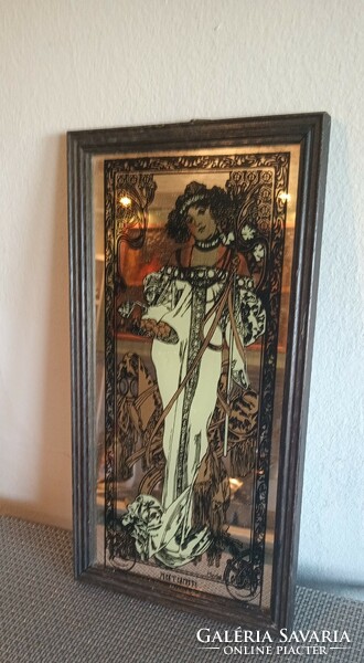 Szecessziós Jugendstil Alfonz Mucha stílusú tükrös falikép. Alkudható.