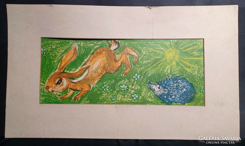 The rabbit and the hedgehog - color offset print - fairy tale picture, print after the work of Károly Reich - animal tale