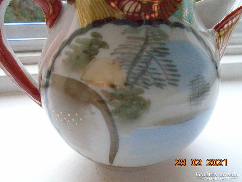 Kutani kézzel festett,aranykontúrozott gésa,tájkép és virágos fa mintákkal kiöntő virág tető fogóval