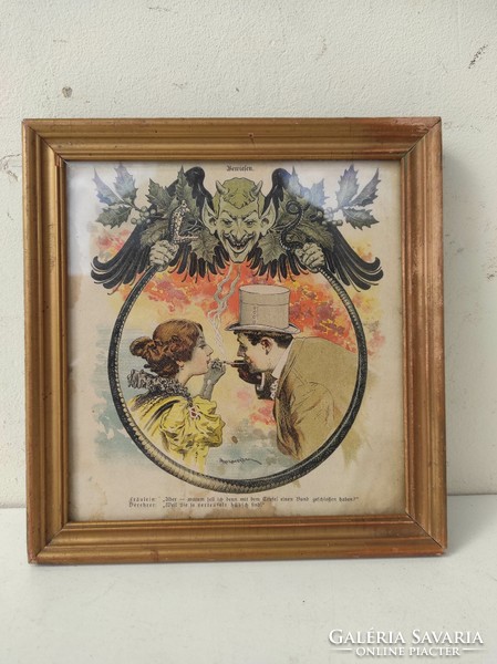 Antique colored print from a 19th century publication devil snake top hat biedermeier 513 6939