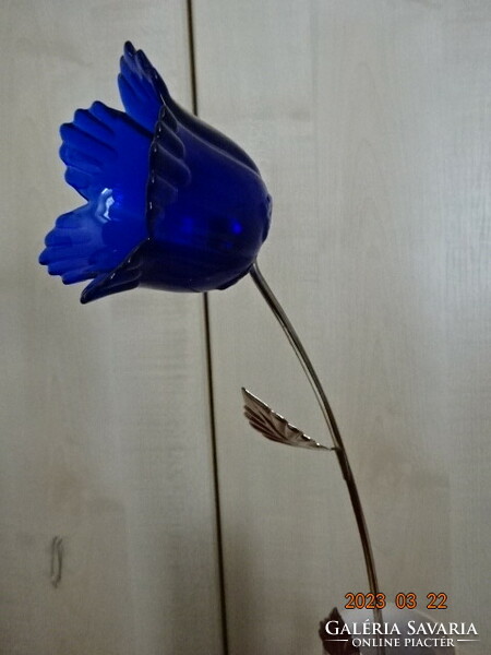Cobalt blue glass rose, stem 50 cm long. Jokai.