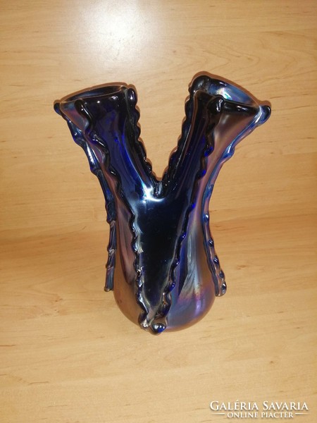 Bohémia irizáló kék kétnyakú szakított üveg váza 25 cm (10/d)
