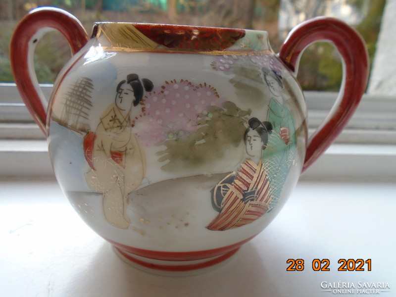 Kutani hand-painted, hand-marked, gold-contoured geisha, sugar bowl with landscape and floral tree patterns