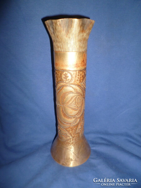 Old copper hand decorated military sleeve vase