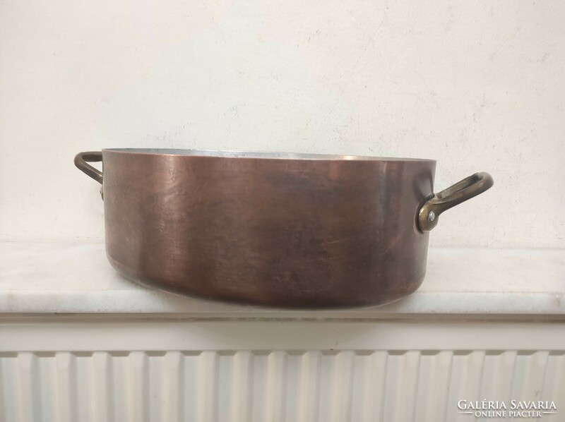 Antique kitchen tool thick red copper heavy tinned pot with brass handle 14 6787