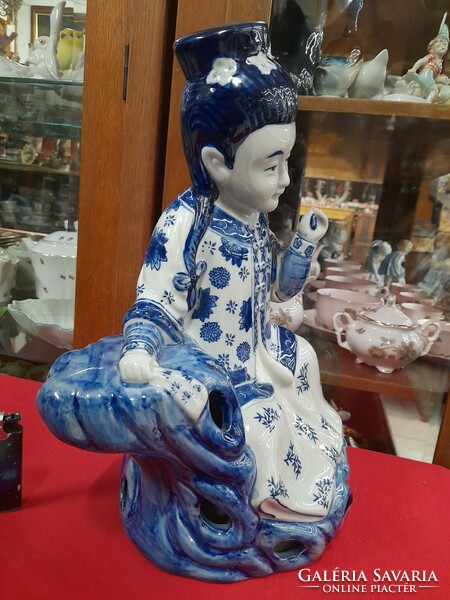 Kínai Kobalt Kék Népviseletes Porcelán Női Figurális Szobor.36 cm.