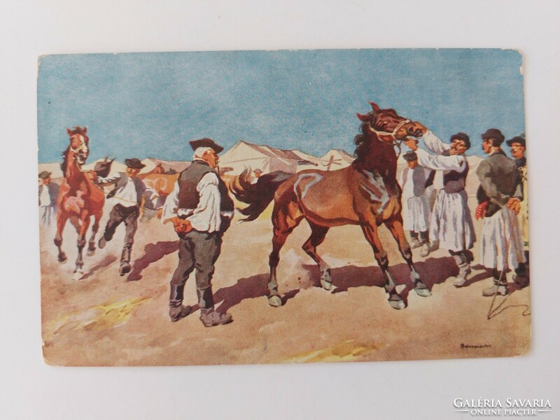 Old equestrian postcard art postcard Hortobágy benyovszky bare horse fair