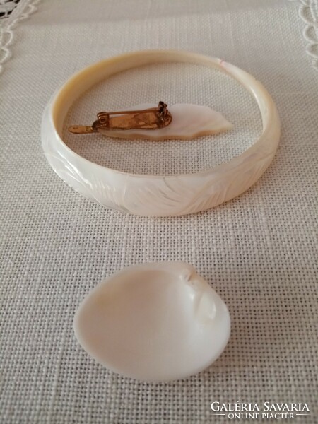 White engraved shell mother of pearl bracelet / bangle and brooch / pin