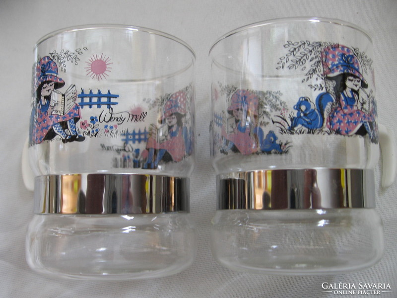 Collector's rarity, charming little reading girl, illustrated glass by Wendy Mill, pair, 70s