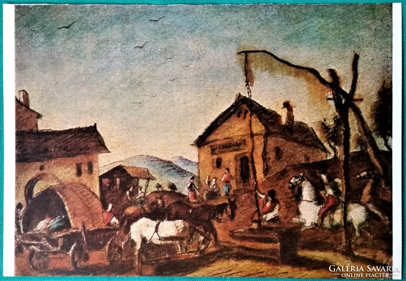 Rudnay Gyula festménye: Falusi kocsma előtt  - Naptárból képeslap