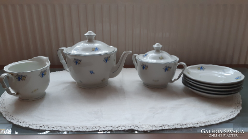 Antik német porcelán teás kancsó, cukortartó, kis tányér