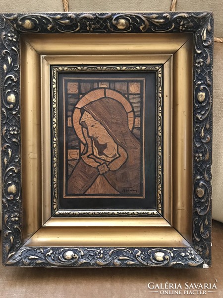 Art Nouveau wood marquetry picture, with maker's mark on the side, 14x18.5 cm