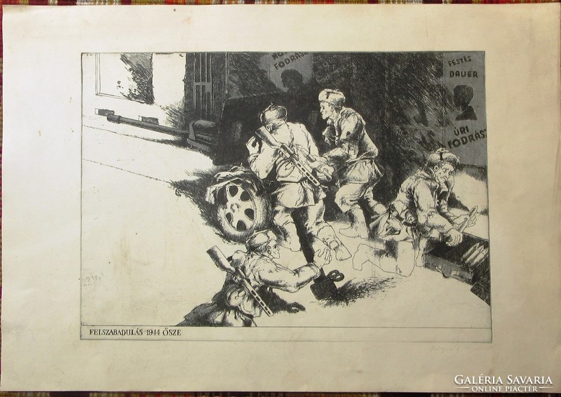 Social real etching, liberation autumn 1944, marked Bognár Árpád / 1931-2004 / 56x39cm