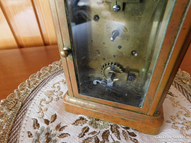 Antik angol utazó óra, asztali óra, 8 napos, hibátlan, eredeti szerkezet, hibátlan működés