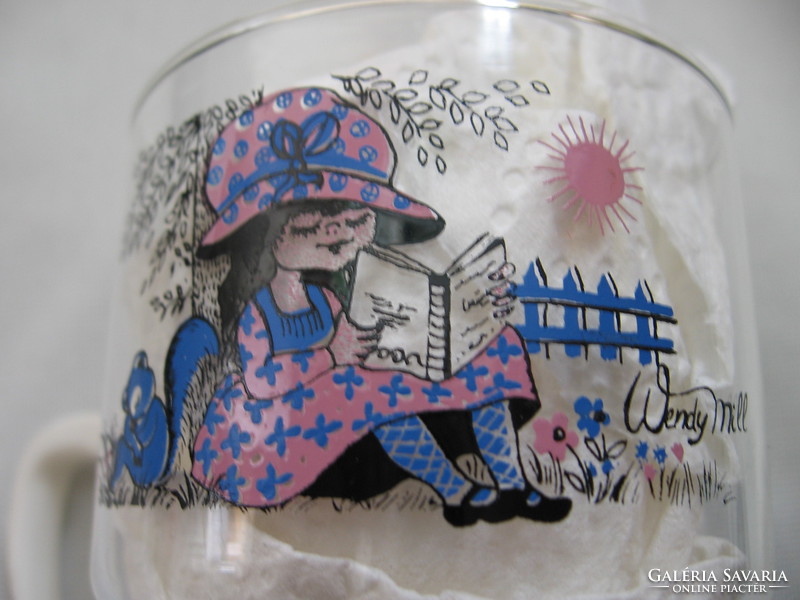 Collector's rarity, charming little reading girl, illustrated glass by Wendy Mill, pair, 70s