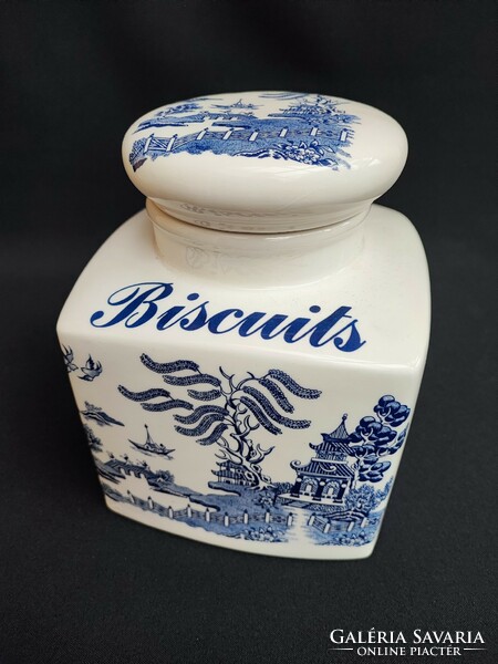 English blue willow biscuit container.