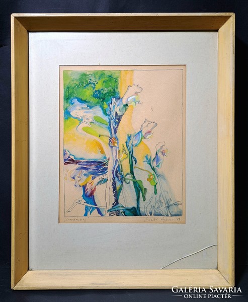 Szabó Ágnes (1940-): Oroszlánszáj- képcsarnokos akvarell 1979-ből - modern festmény