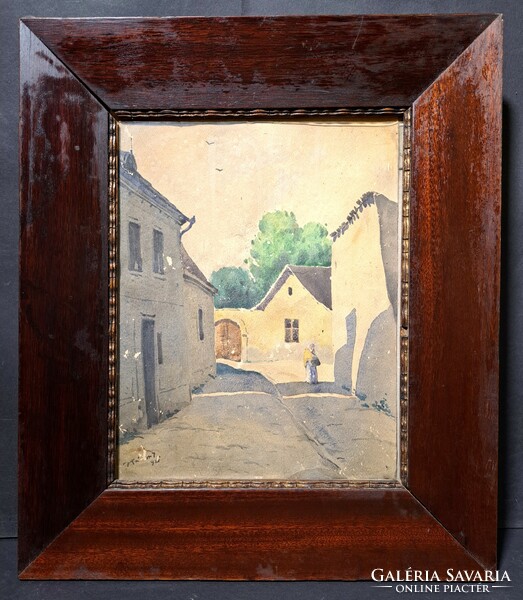 Napfényes utca - akvarell az 1920-as évekből, "Kántor" jelzéssel - utcakép