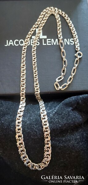 Wide, flat, double-stranded silver necklace with extension