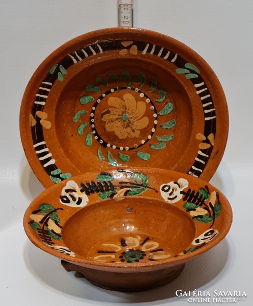 Vámfalu, colorful flower pattern, brown glazed folk ceramic wall plate 2 pcs (2573)