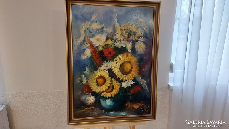 (K) beautiful signed flower still life painting with frame 61x82 cm